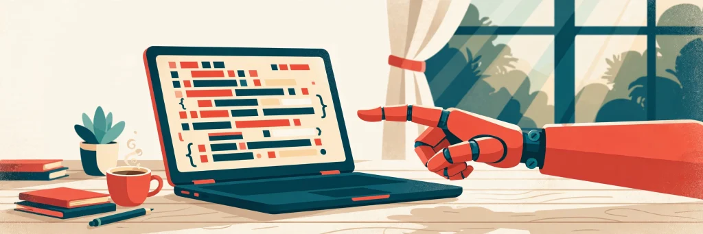 Editorial illustration of a laptop showing colorful code with a friendly robot hand pointing at the screen
