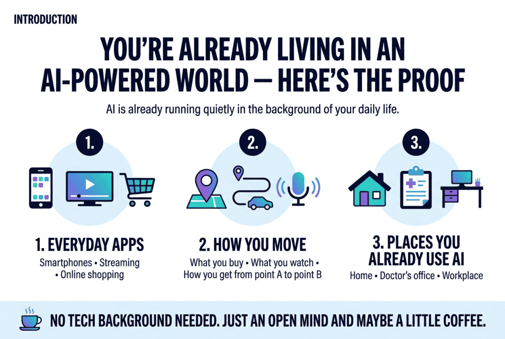 Infographic showing everyday AI in three areas: daily apps, travel, and home, health and work