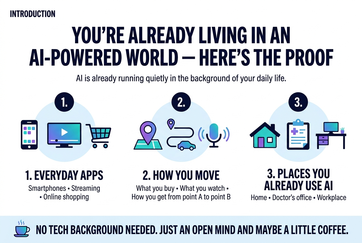 Create a full-bleed infographic illustration in a clean modern style with a 3:2 aspect ratio. Use a bright white background with blue, teal, and purple accents, dark navy text, subtle gradients, and simple flat vector icons. No frame, no poster border, no inset margins.
Top left: small section label in bold uppercase text, "INTRODUCTION". Across the top center in large bold headline text, "YOU'RE ALREADY LIVING IN AN AI-POWERED WORLD — HERE'S THE PROOF". Add a short subtitle directly beneath in smaller text: "AI is already running quietly in the background of your daily life."
Main layout: wide horizontal infographic with 3 large content blocks across the middle, each with a bold numbered circle and an icon.
1. Left block: smartphone, streaming screen, and shopping cart icons grouped together. Header text: "1. EVERYDAY APPS". Supporting text: "Smartphones • Streaming • Online shopping"
2. Center block: map pin, car route line, and voice assistant icon grouped together. Header text: "2. HOW YOU MOVE". Supporting text: "What you buy • What you watch • How you get from point A to point B"
3. Right block: home, doctor clipboard, and workplace desk icons grouped together. Header text: "3. PLACES YOU ALREADY USE AI". Supporting text: "Home • Doctor's office • Workplace"
Bottom band across the width: a bold friendly statement with a small coffee cup icon on the left, text: "NO TECH BACKGROUND NEEDED. JUST AN OPEN MIND AND MAYBE A LITTLE COFFEE."
Use clear visual hierarchy: large headline at top, medium section headers, smaller supporting text. Make icons colorful and easy to recognize. Keep the layout balanced, spacious, and professional, with wide horizontal sections rather than a vertical stack.