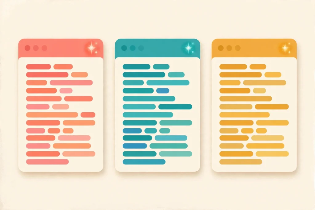 Illustration comparing three AI coding assistant code editor windows in coral, teal, and amber