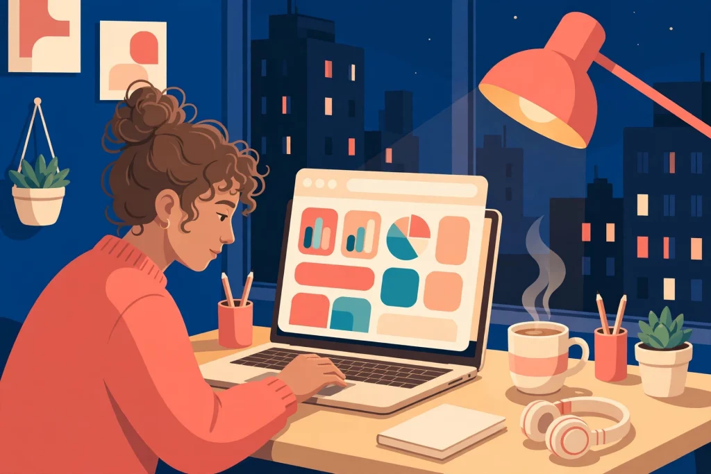 Illustration of a person building an app in a browser late at night with warm lamplight