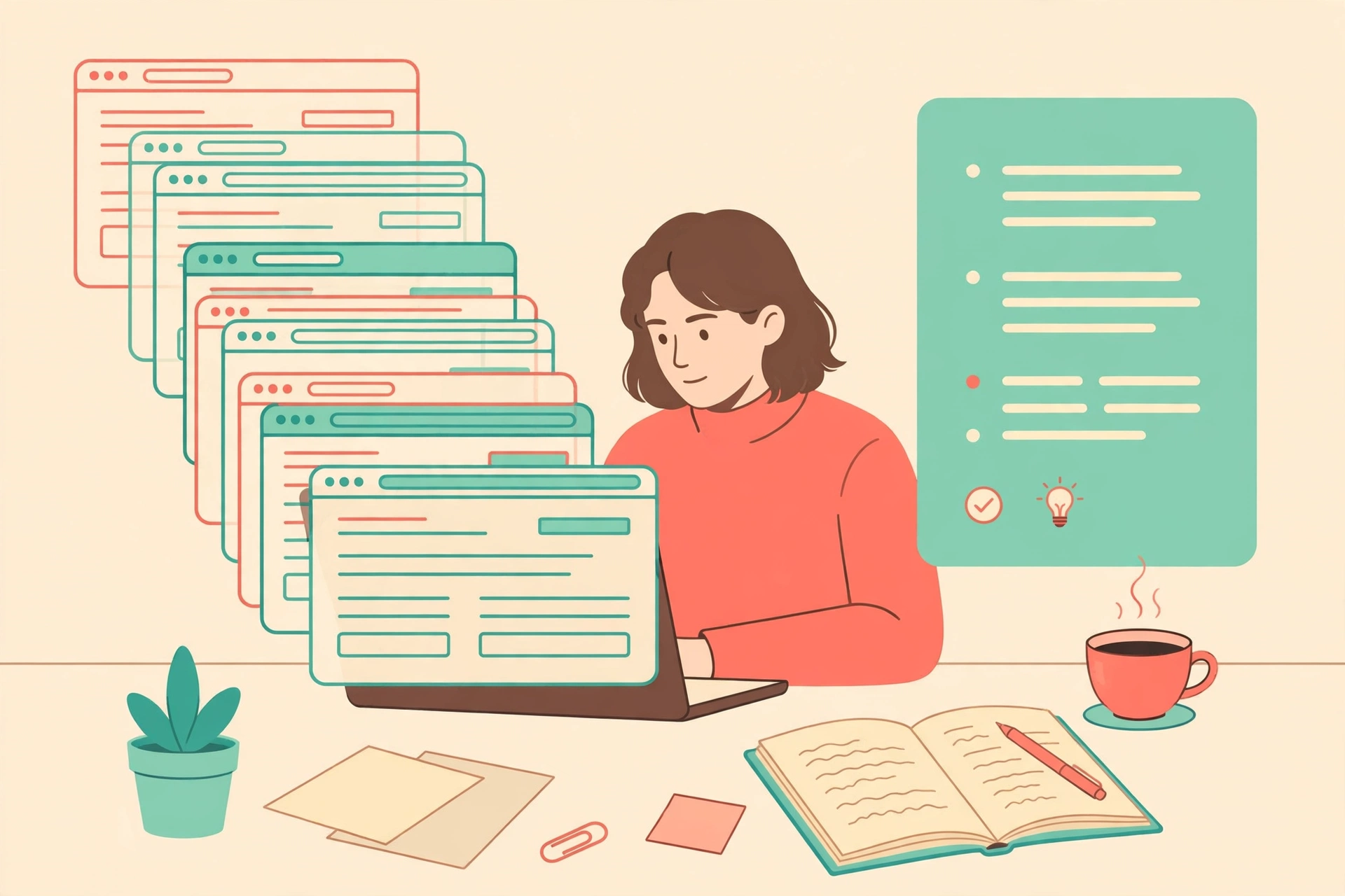 Person researching online with an AI browser assistant summarizing open tabs