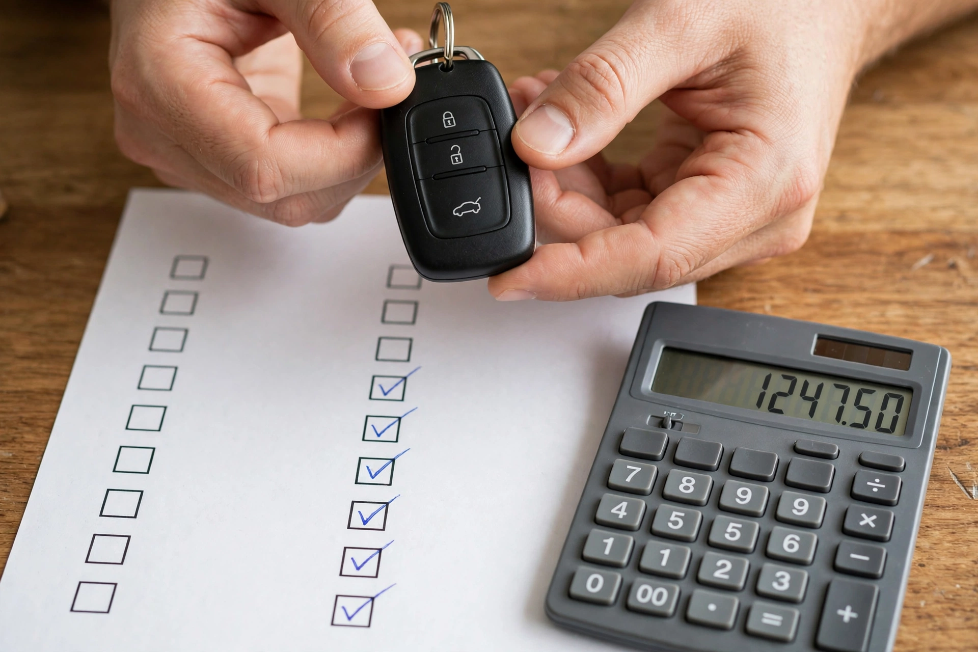 Hands holding a car key fob over a checklist and calculator