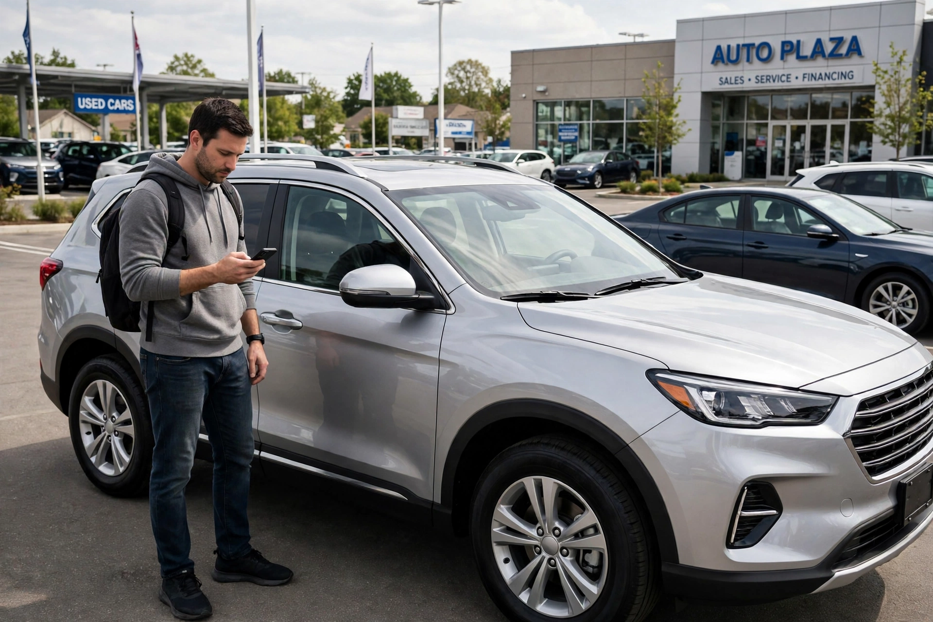 Car shopper checking prices on a phone beside an SUV at a dealership
