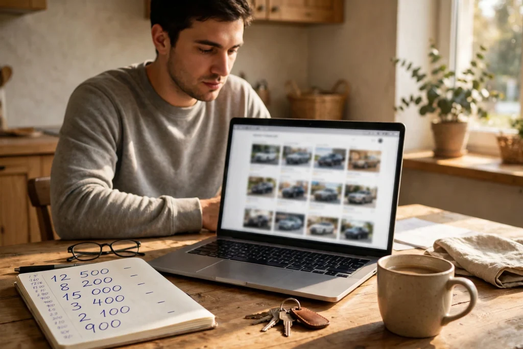 Person comparing car prices on a laptop at home before visiting a dealership