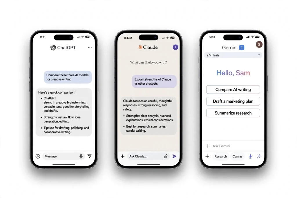 Three smartphones showing AI chatbot apps compared side by side