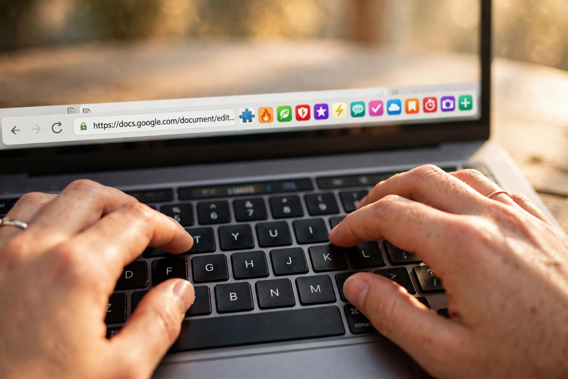Hands typing on a laptop with browser extension icons in the toolbar