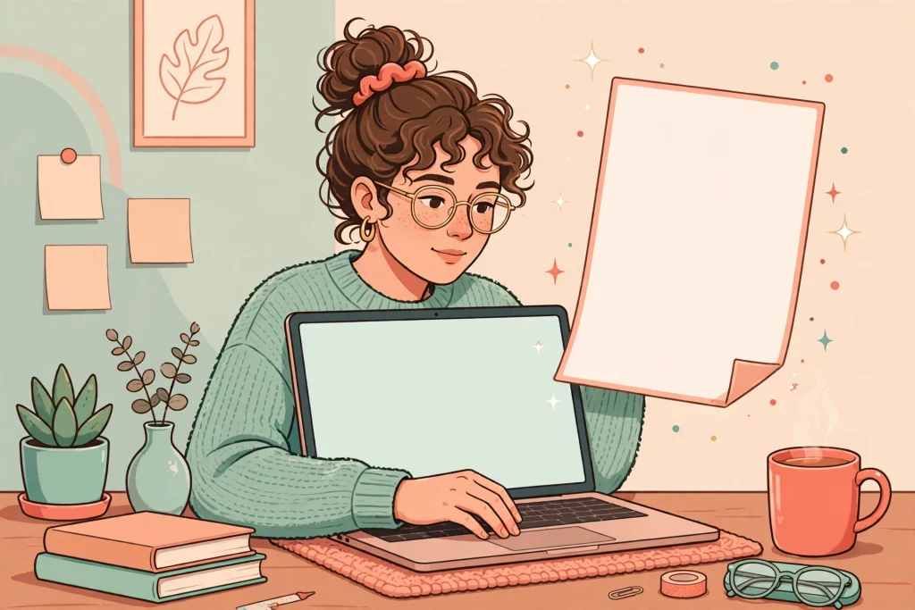 Illustration of a person writing a cover letter on a laptop with AI assistance