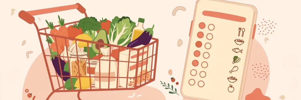 Illustration of a grocery cart full of fresh produce next to a smartphone showing a weekly meal plan checklist
