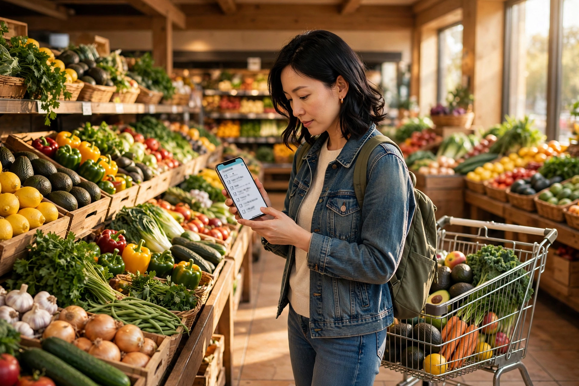 Shopper checking an AI-generated grocery shopping list on a phone in a grocery store produce aisle