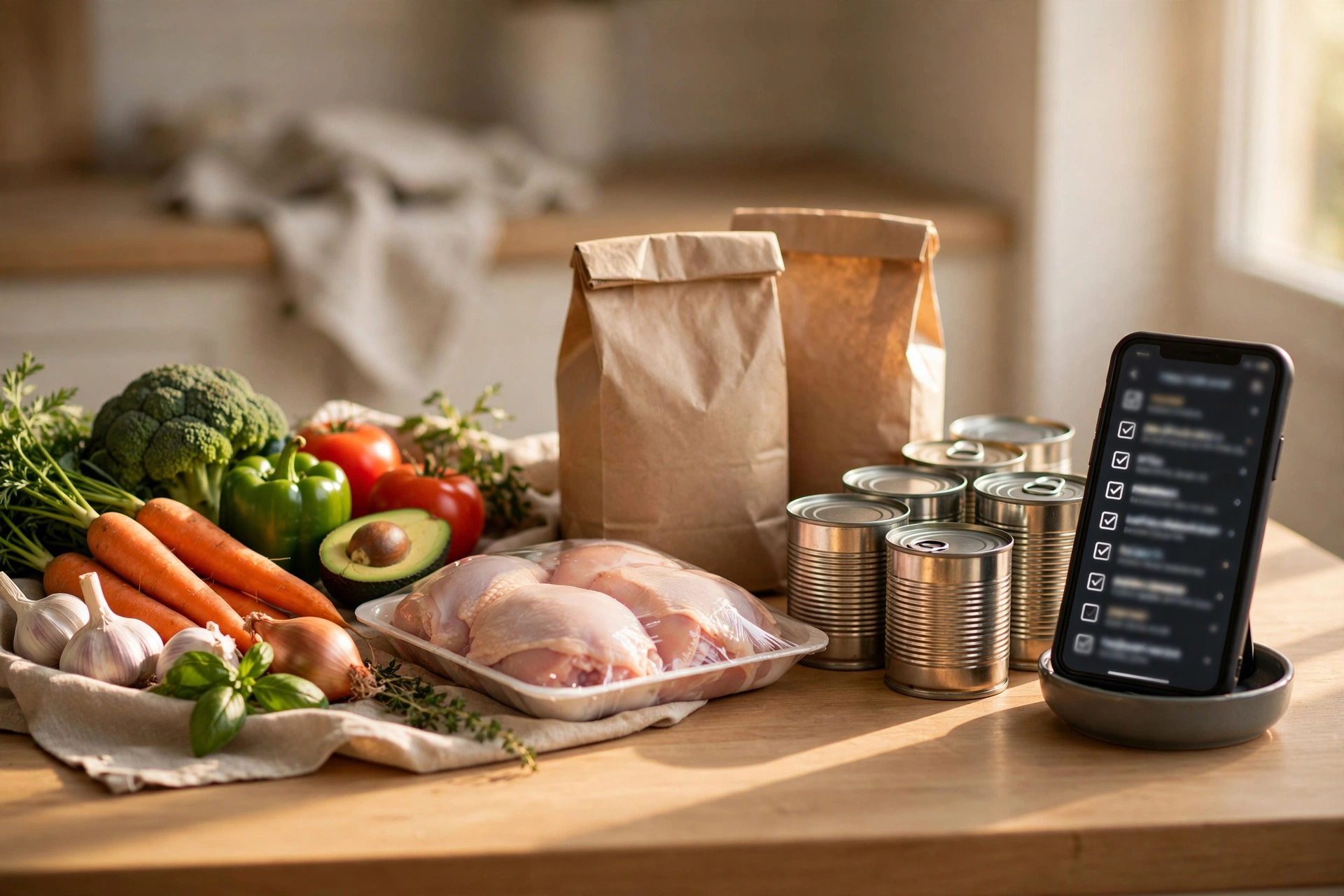 Weekly groceries unpacked on a kitchen counter with a smartphone showing a meal plan checklist