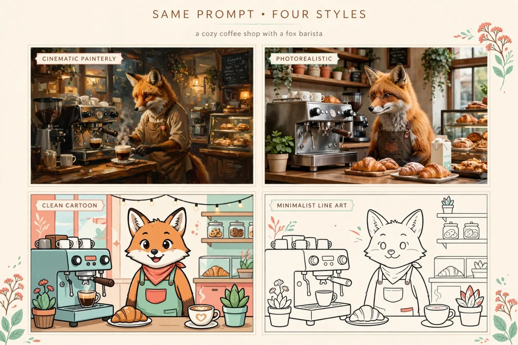 AI image generators compared: the same prompt rendered in four different art styles