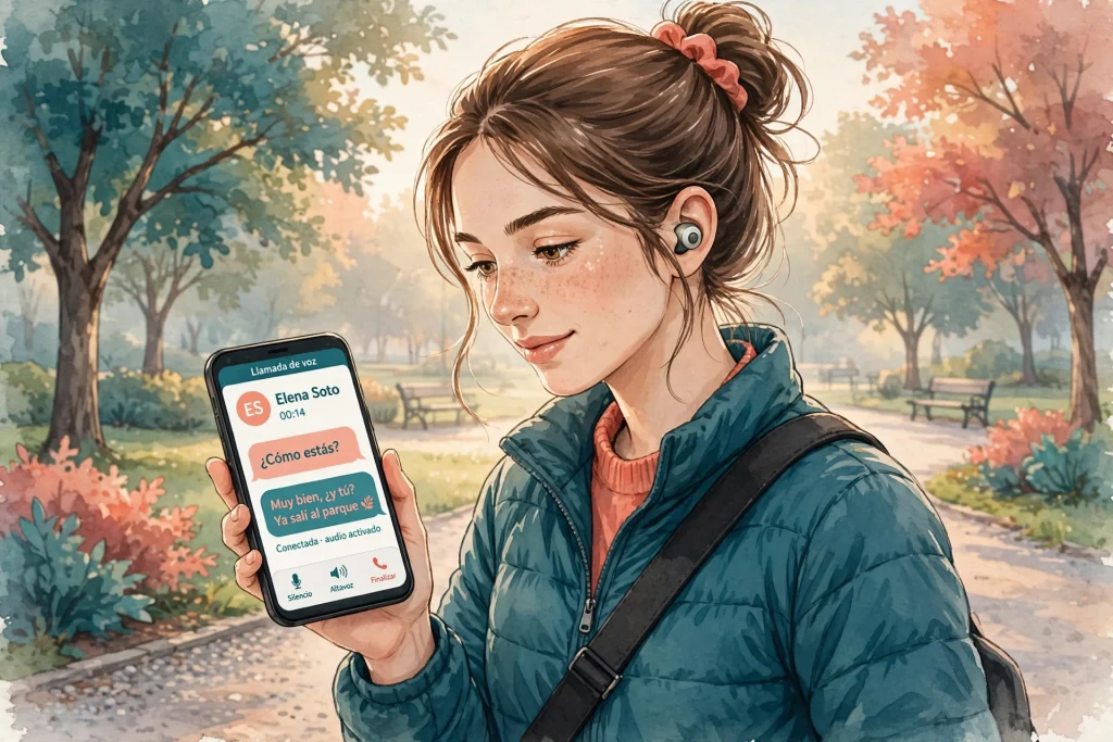 Woman practicing Spanish with ChatGPT voice mode on a morning walk