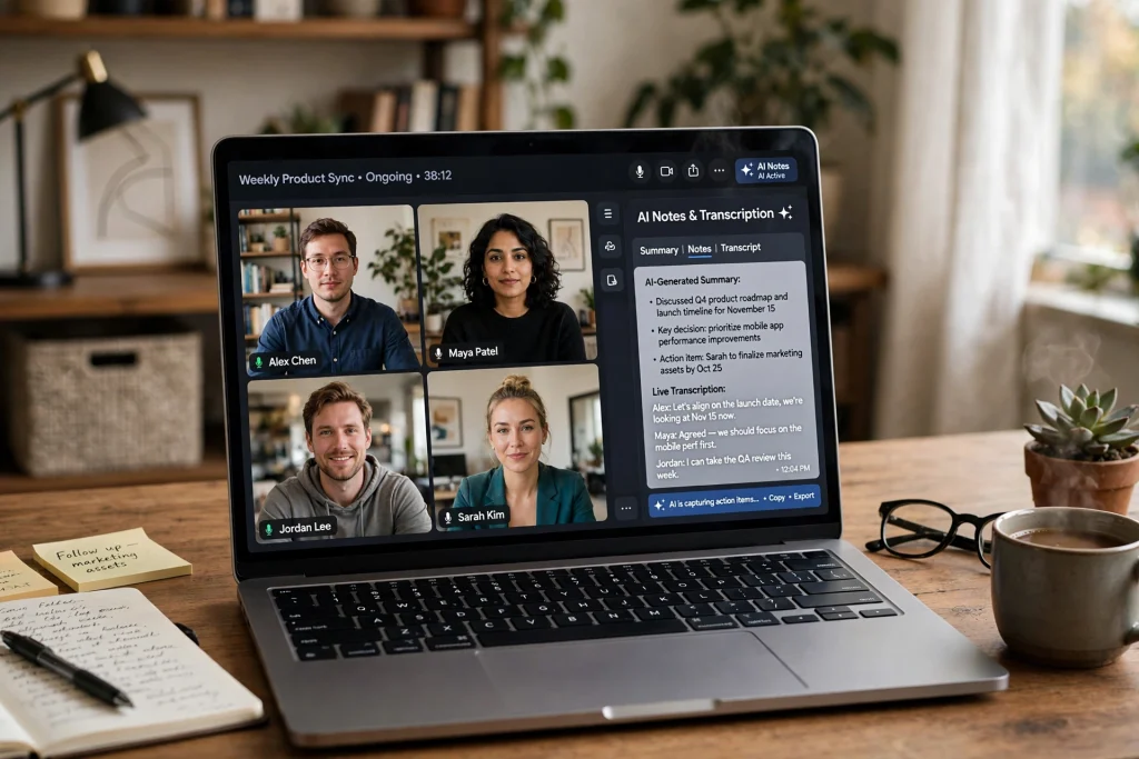 Video call with AI-generated meeting notes and summaries