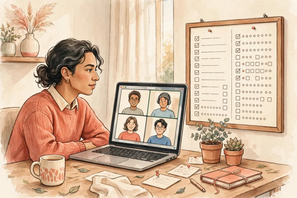 Person on a video call with AI-generated meeting notes and action items on screen