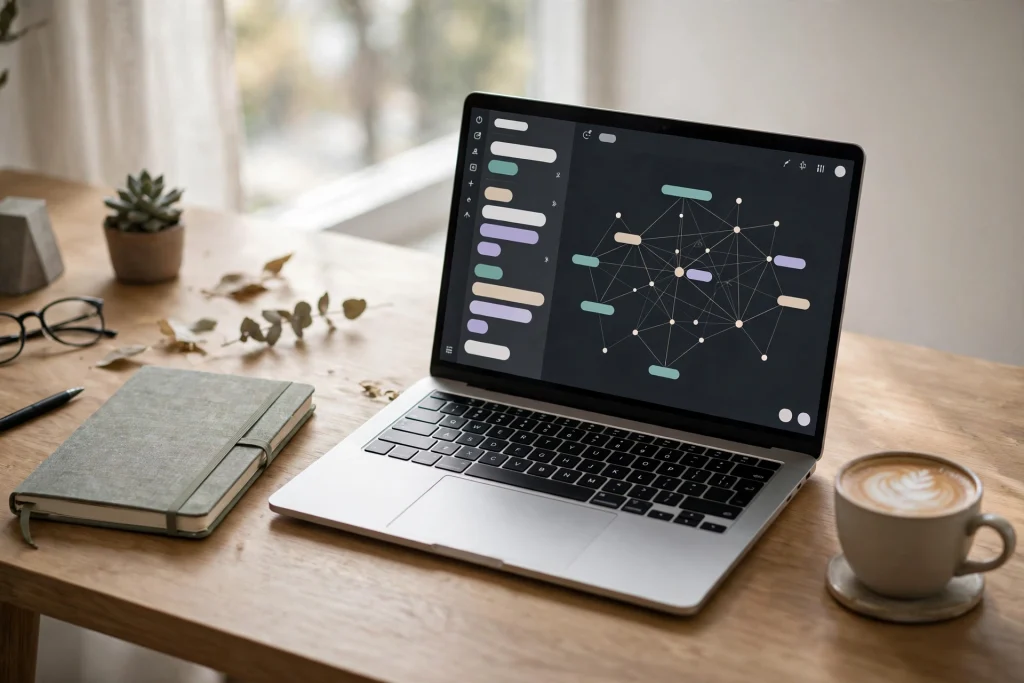 Laptop showing a digital note-taking app on a clean desk
