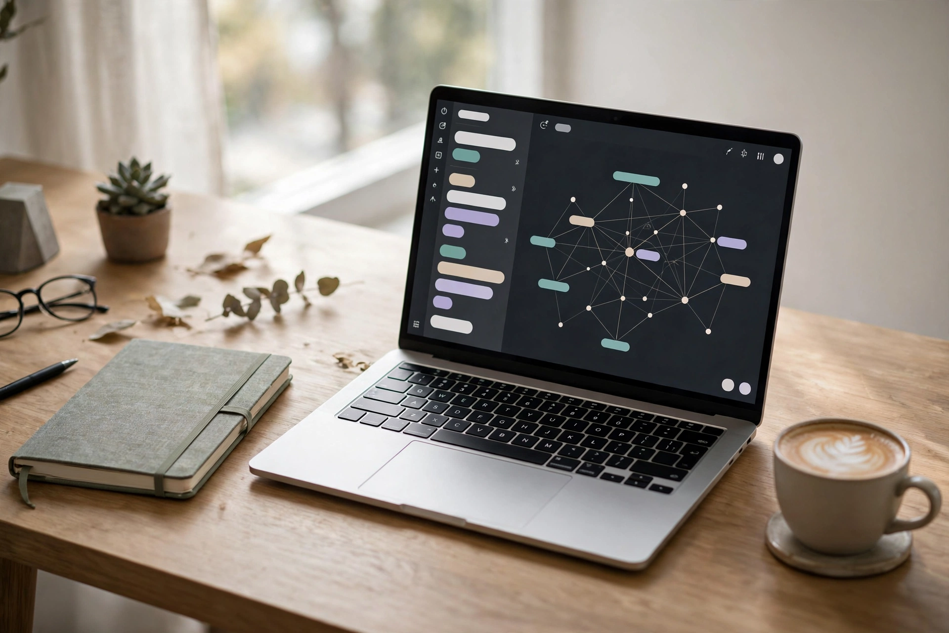 A laptop open to a notes app with linked notes and tags