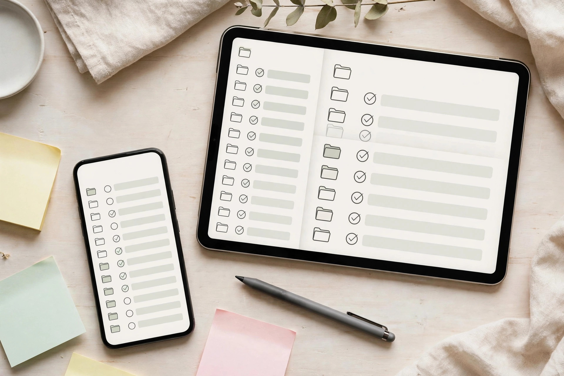 Phone and tablet showing minimalist note-taking apps with checklists and folders