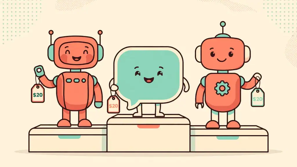 Three AI assistants compared side by side, each with a $20 price tag