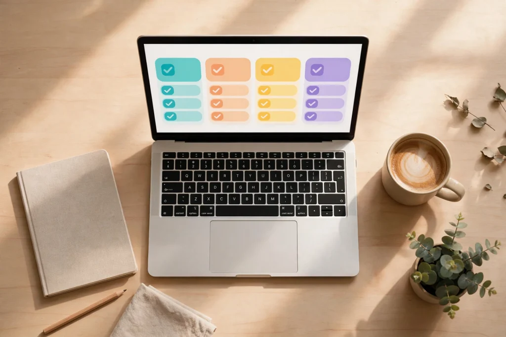 Laptop showing an AI task manager app with a to-do list on a tidy desk