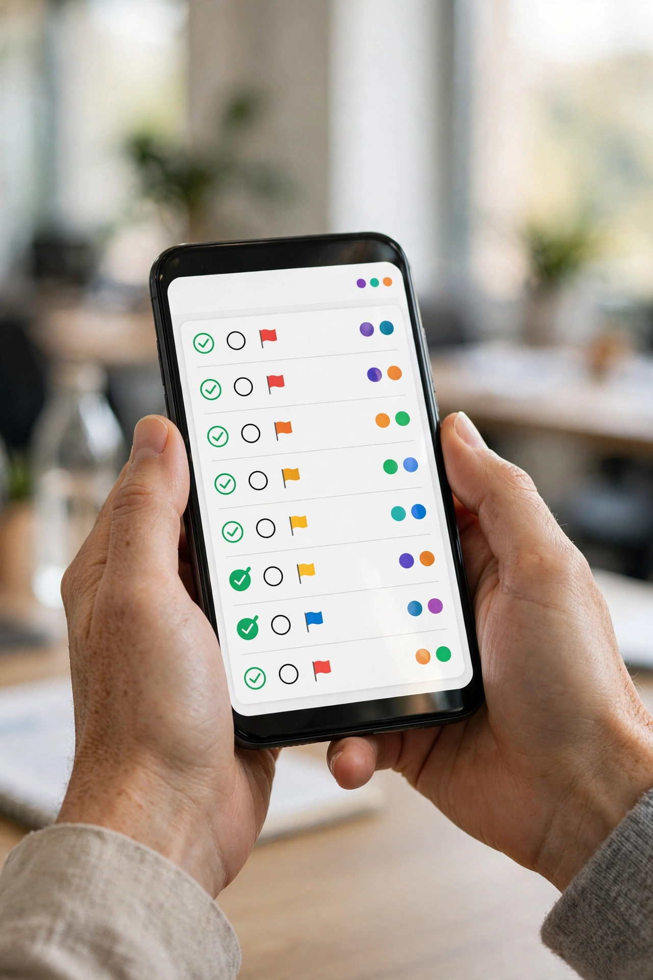 Smartphone showing a colorful AI task manager app with checked-off tasks