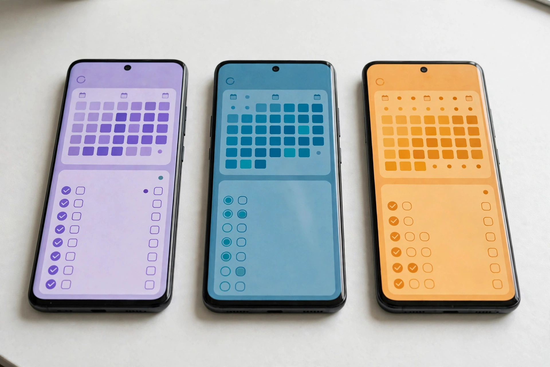 Three smartphones showing different task manager apps side by side for comparison