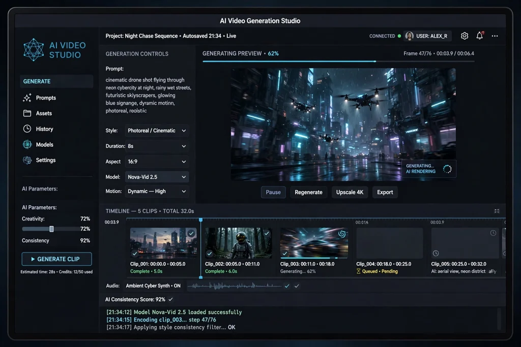 AI video generation studio interface with creation tools