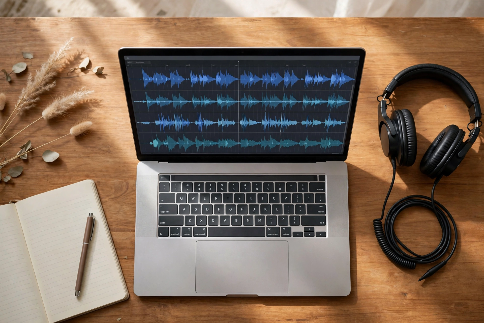 Editing an AI-generated voiceover on a laptop with headphones