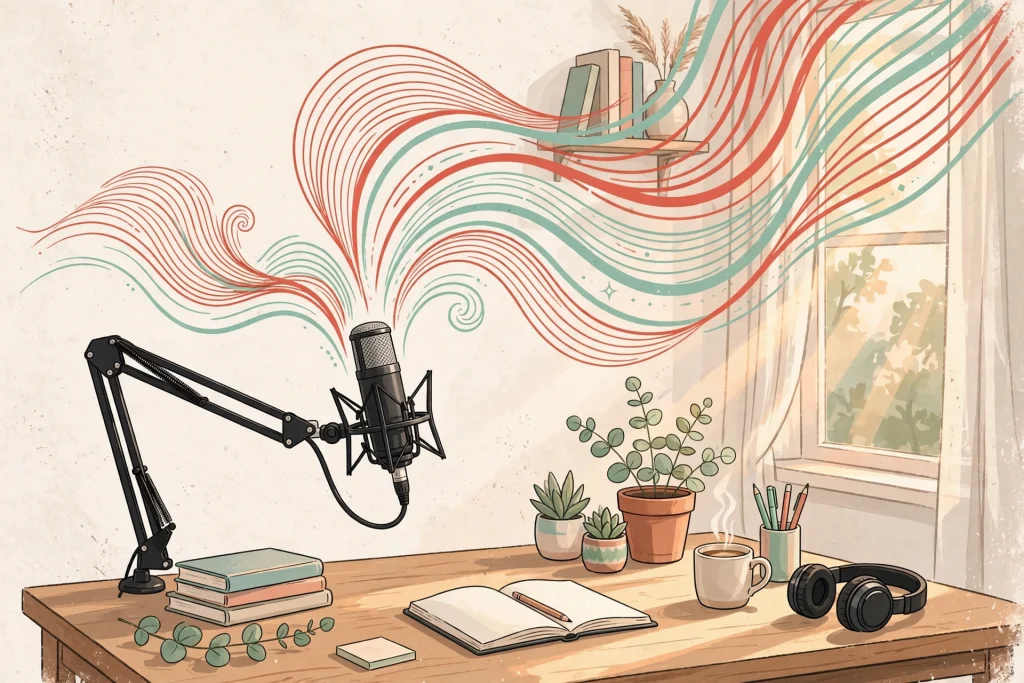 AI voice generator concept: podcast microphone with colorful sound waves