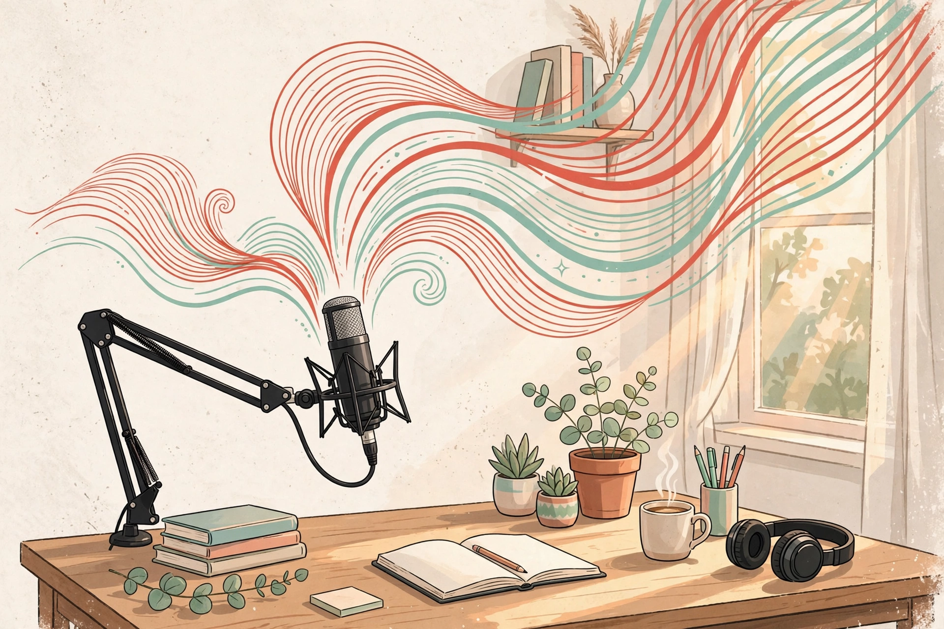 AI voice generator concept: podcast microphone with colorful sound waves