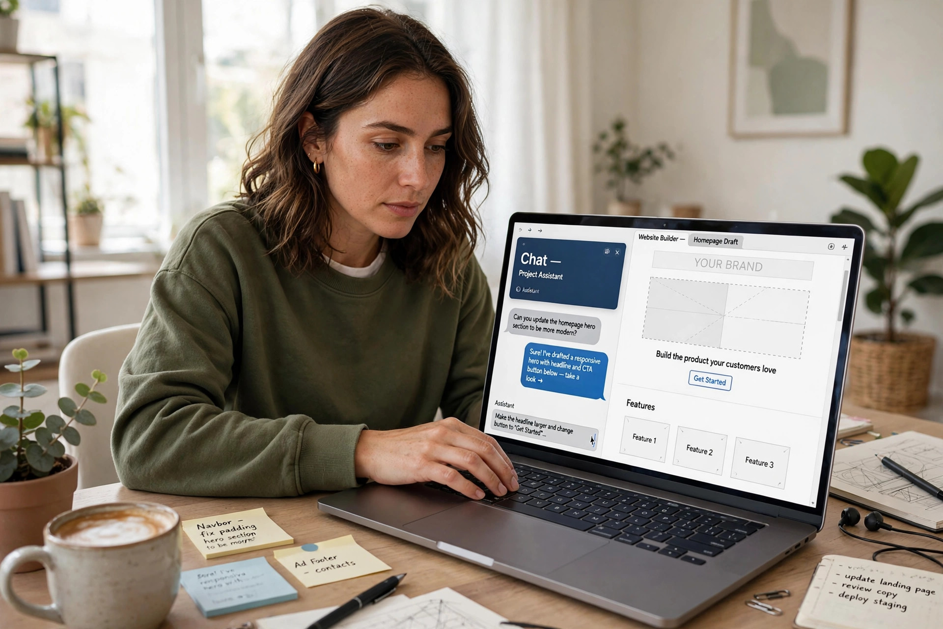 Person typing a website request into an AI chat box on a laptop