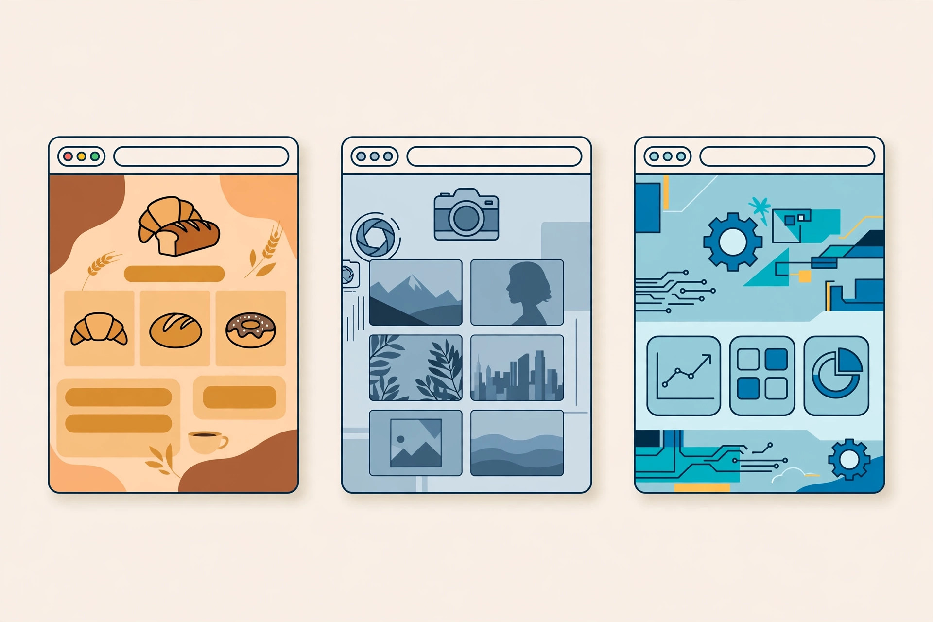 Three AI-generated website designs side by side: a bakery site, a photographer portfolio, and a startup landing page