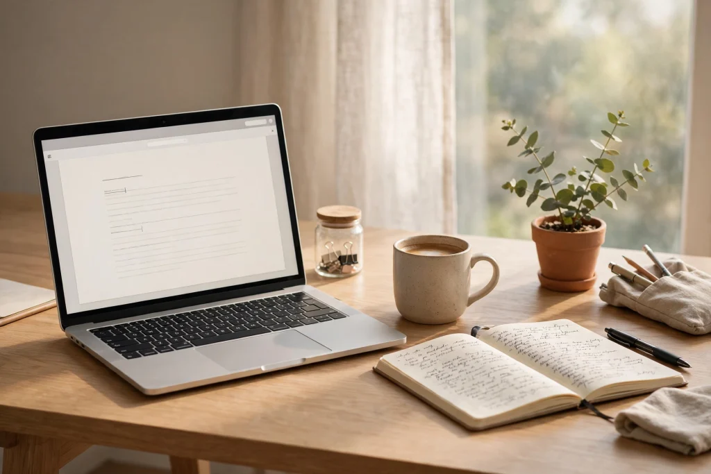 Laptop on a bright desk showing a writing app draft next to a coffee mug and notebook