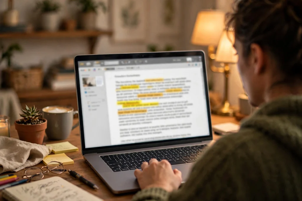 Person editing a document on a laptop with suggested corrections highlighted on screen