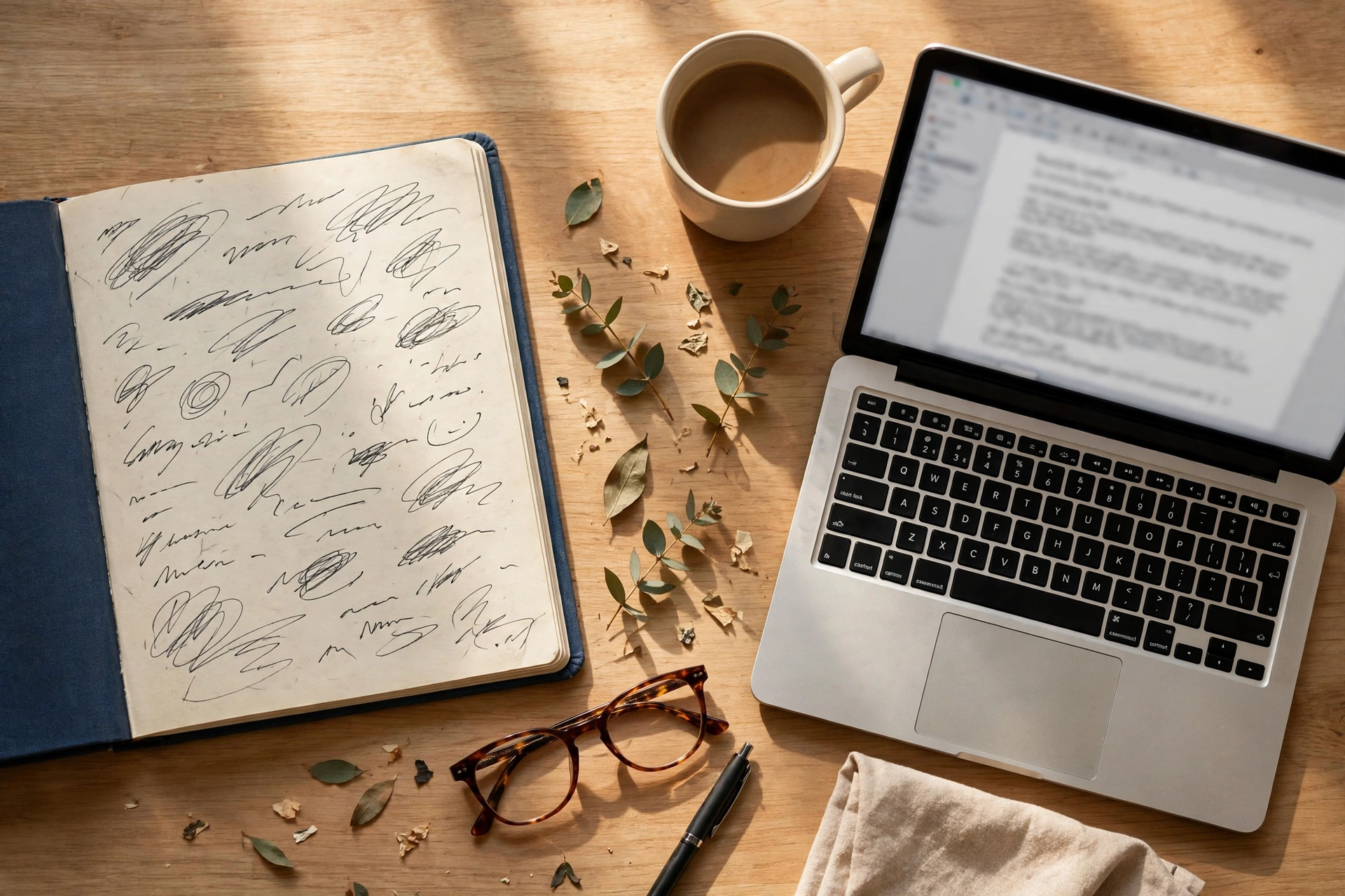 Flat lay of a handwritten notebook beside a laptop with a draft, pen, glasses, and coffee