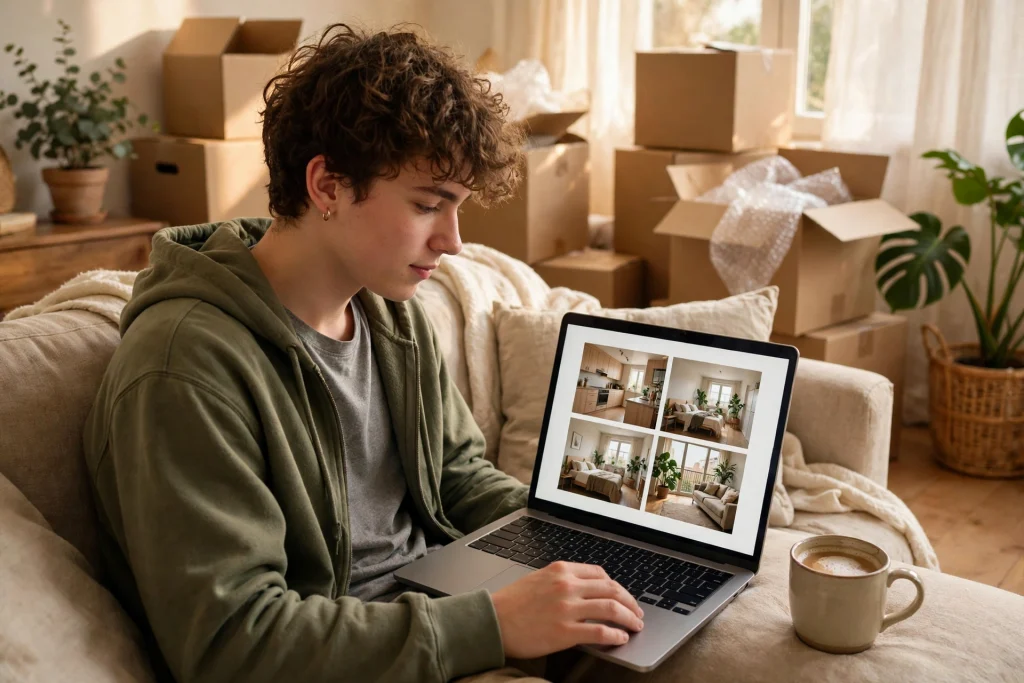 Person comparing apartment listings on a laptop while apartment hunting