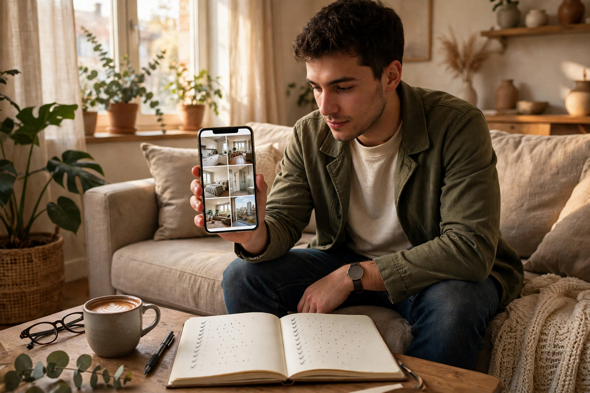 Renter comparing apartment listings on a phone with a shortlist notebook