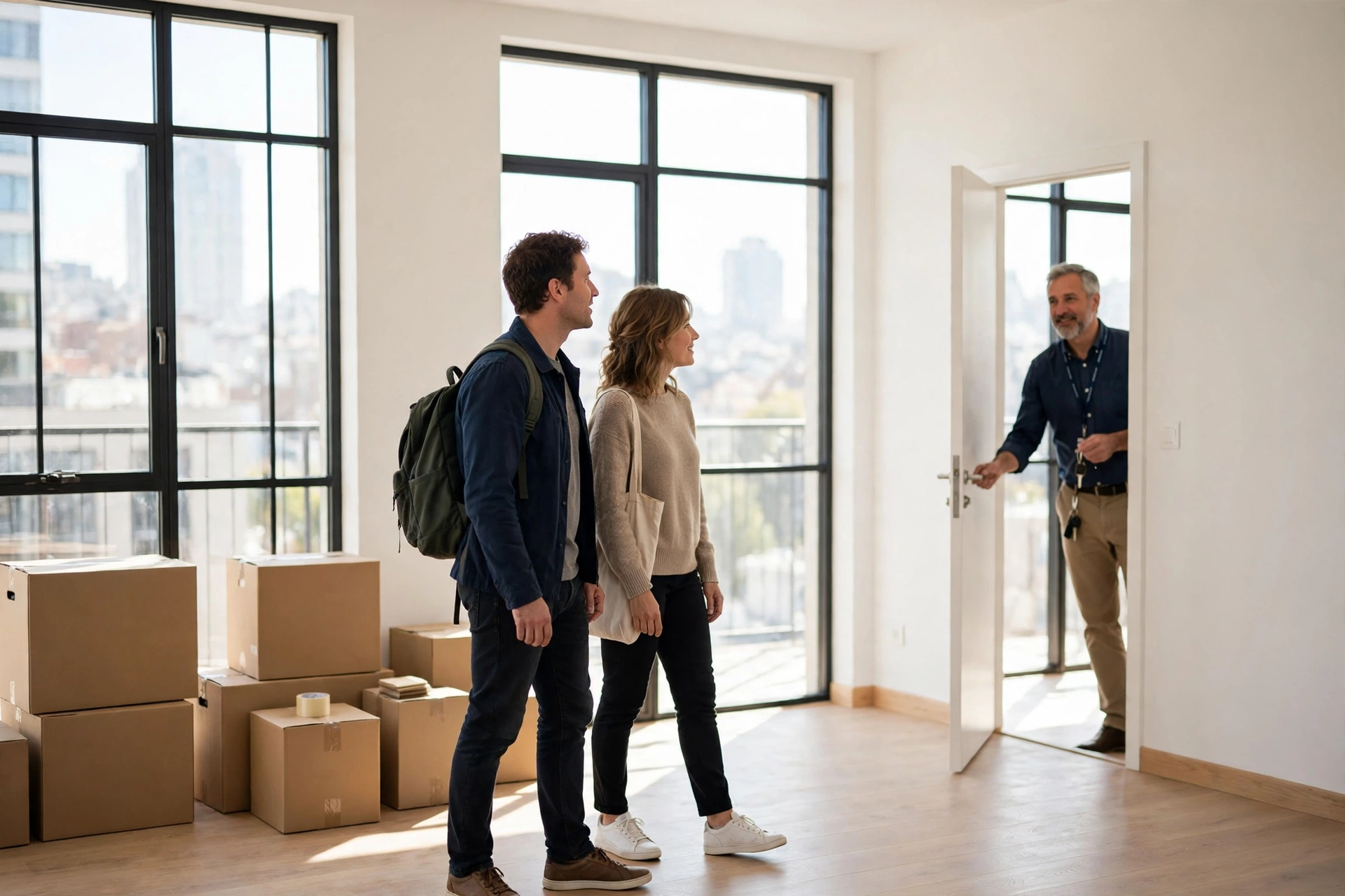 Couple touring a bright empty apartment with a landlord