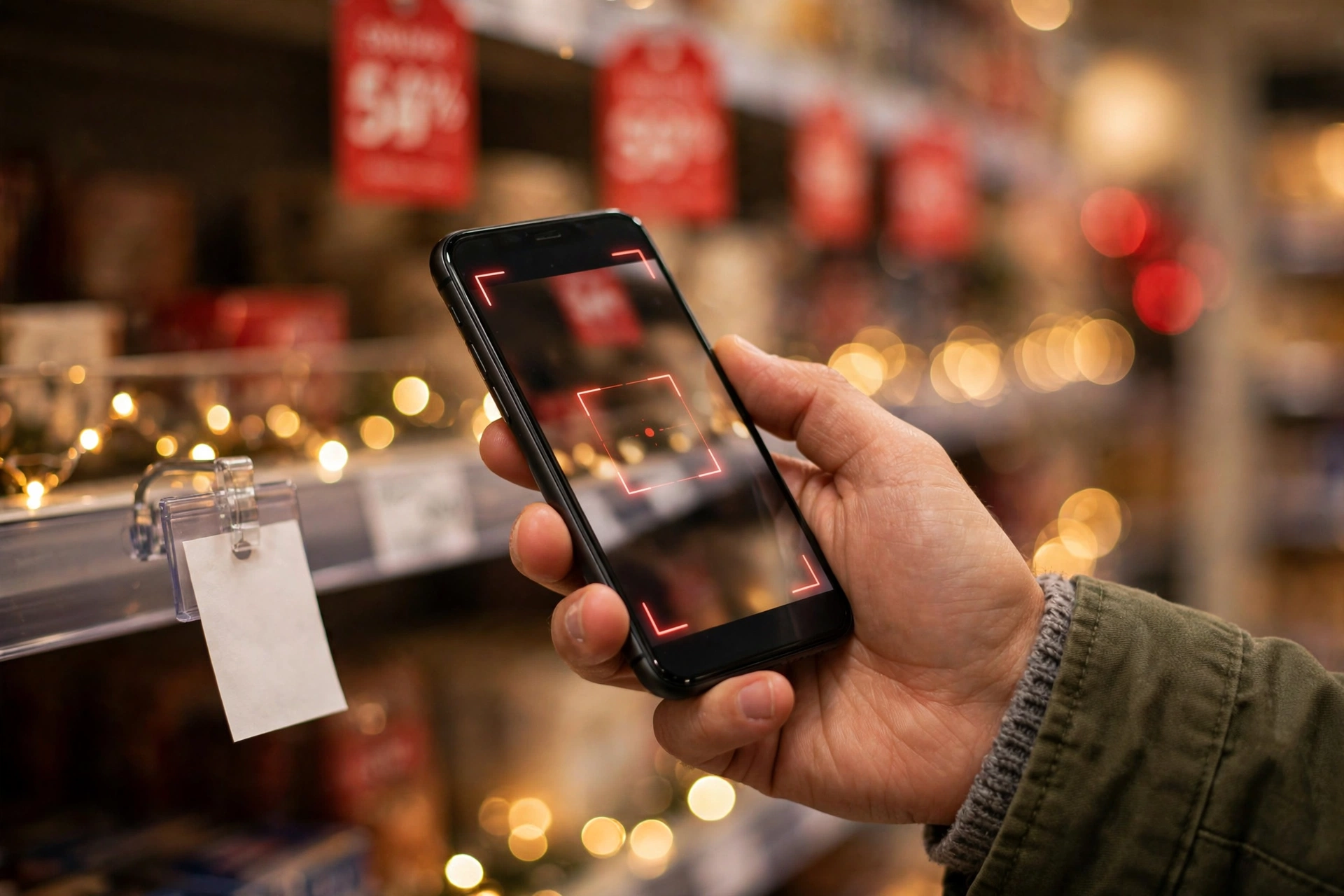 Hand holding smartphone scanning a price tag with Black Friday discount tags behind