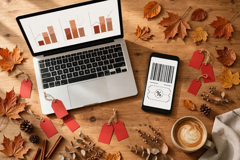 Flat-lay of Black Friday shopping tools: laptop with price chart, smartphone with coupon code, sale tags on a wooden desk