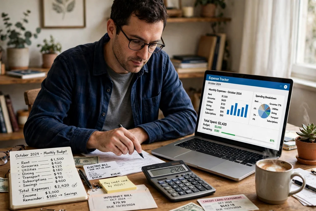 Planning monthly budget with calculator