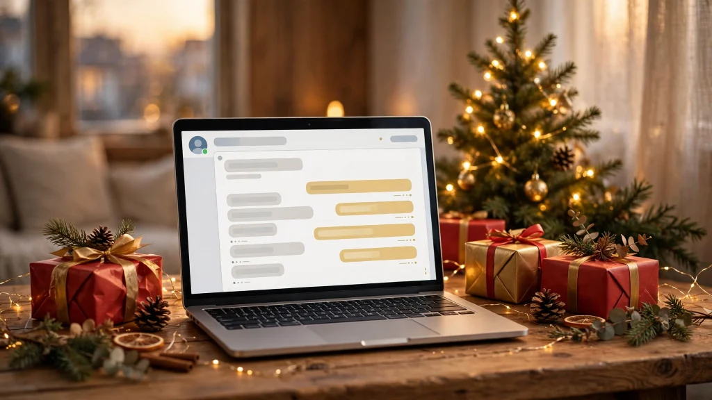 Laptop showing a chat window surrounded by wrapped Christmas gifts and a small lit tree