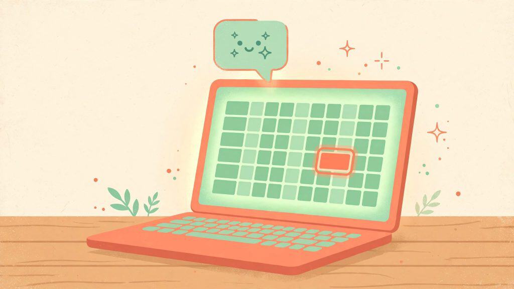 Laptop showing a spreadsheet grid with an AI chat bubble above it.