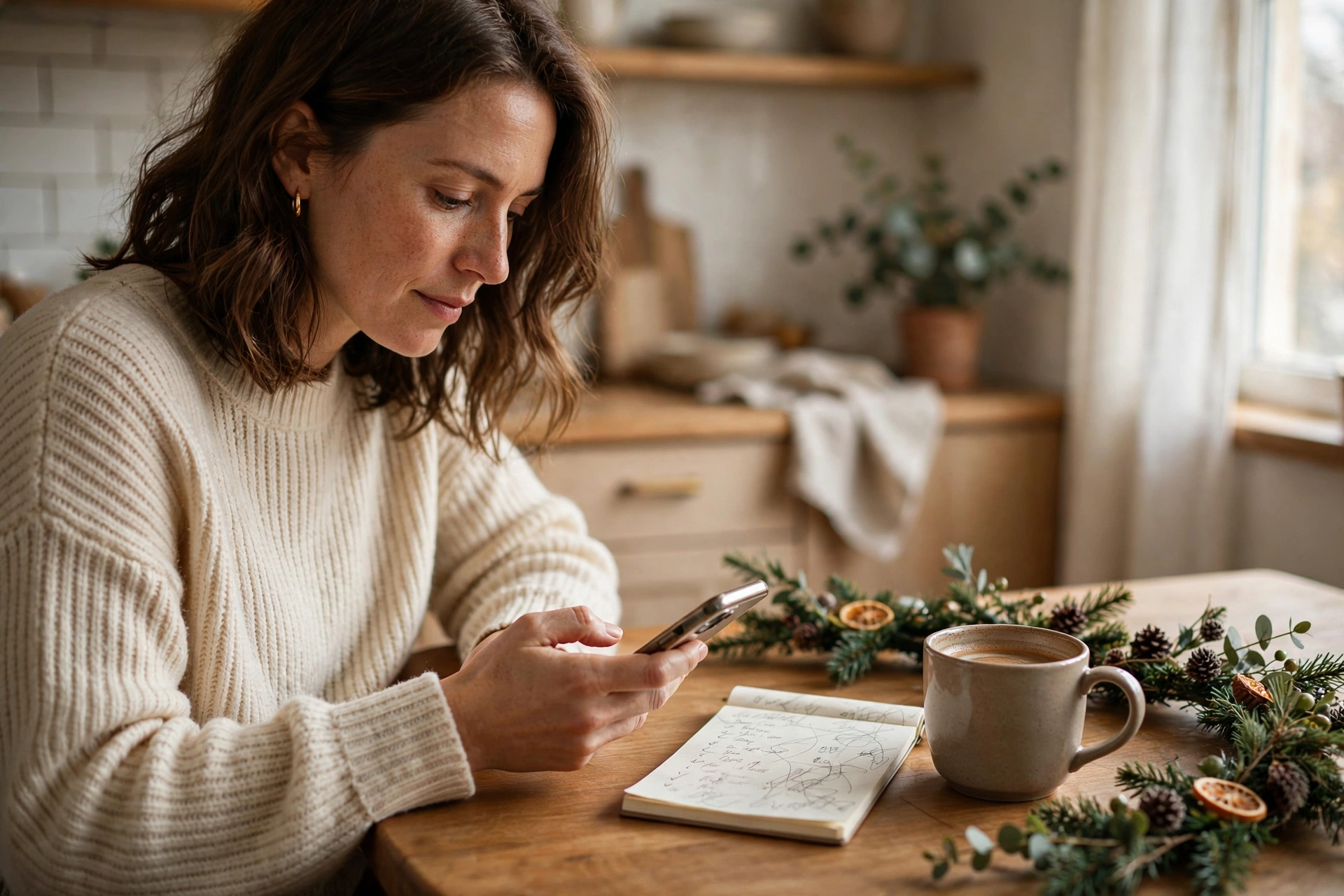 Person checking a smartphone at a kitchen table with a handwritten Christmas gift list