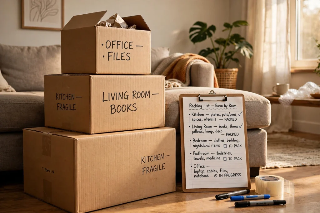 Labeled cardboard moving boxes stacked beside a sofa with a moving checklist