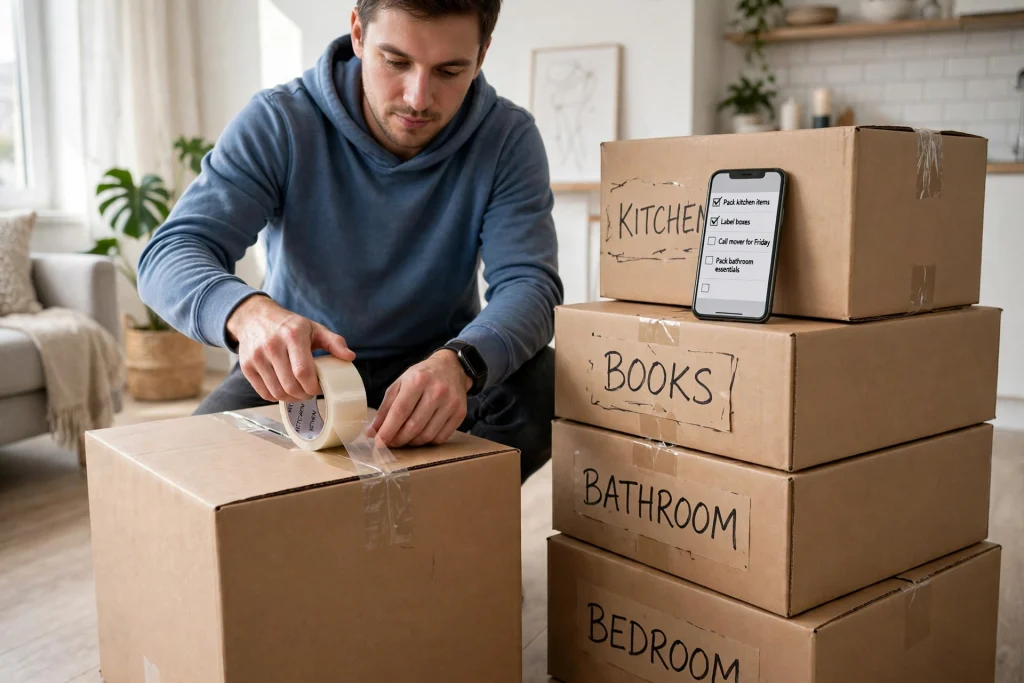 Person taping a labeled cardboard moving box with a phone checklist nearby