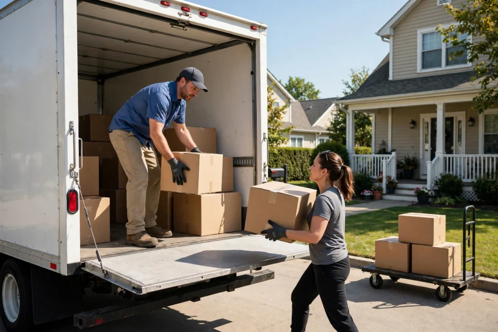 Movers loading cardboard boxes into a rental moving truck outside a house