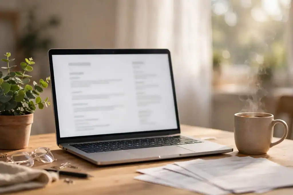 Laptop with a resume on screen on a home office desk