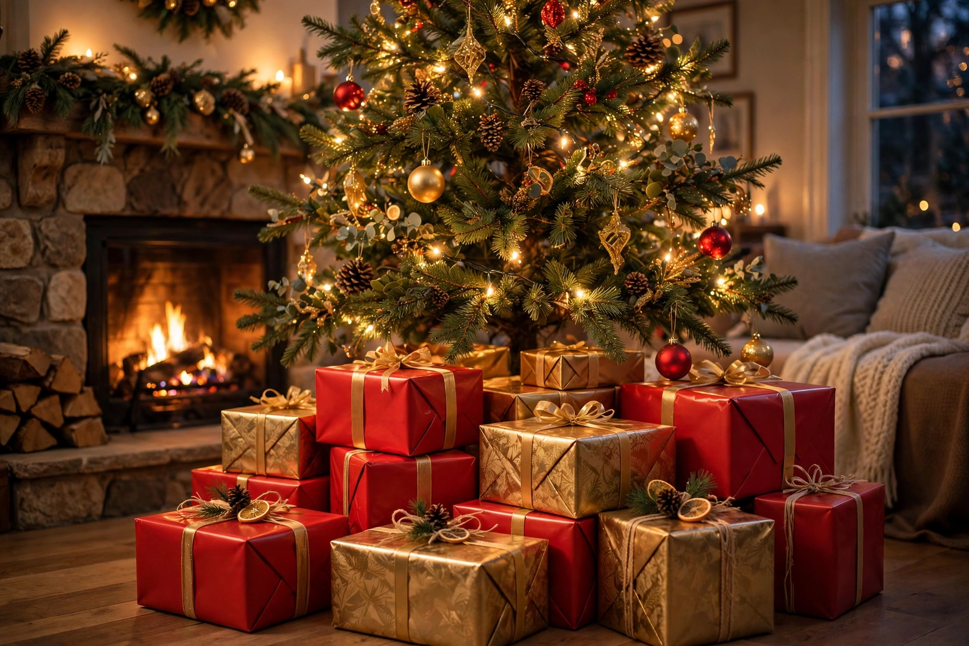 Wrapped Christmas presents under a decorated tree in a cozy living room