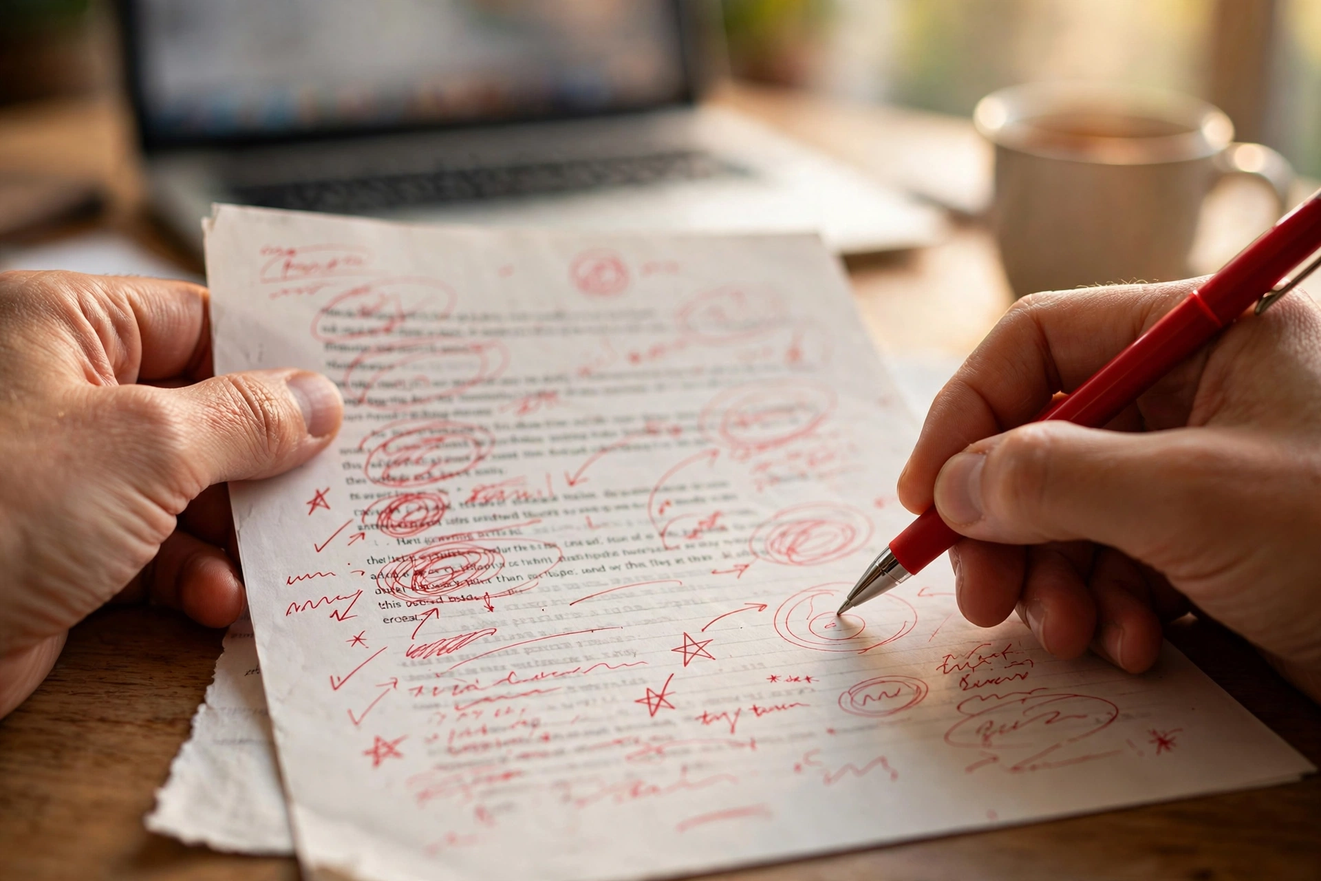 Editing a printed college essay draft with a red pen